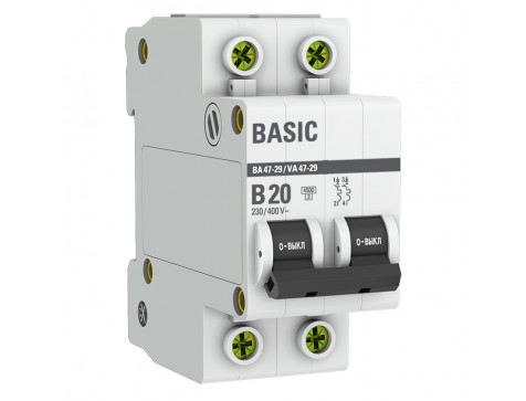 Автоматический выключатель 2P 20А (B) 4,5кА ВА 47-29 EKF Basic mcb4729-2-20-B