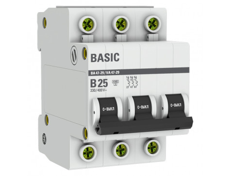 Автоматический выключатель 3P 25А (B) 4,5кА ВА 47-29 EKF Basic mcb4729-3-25-B