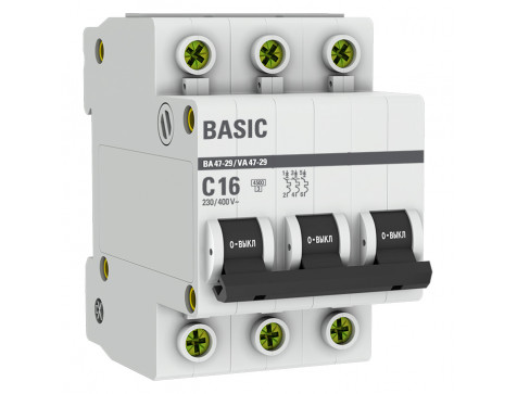 Автоматический выключатель 3P 16А (C) 4,5кА ВА 47-29 EKF Basic mcb4729-3-16C