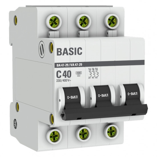 Автоматический выключатель 3P 40А (C) 4,5кА ВА 47-29 EKF Basic mcb4729-3-40C