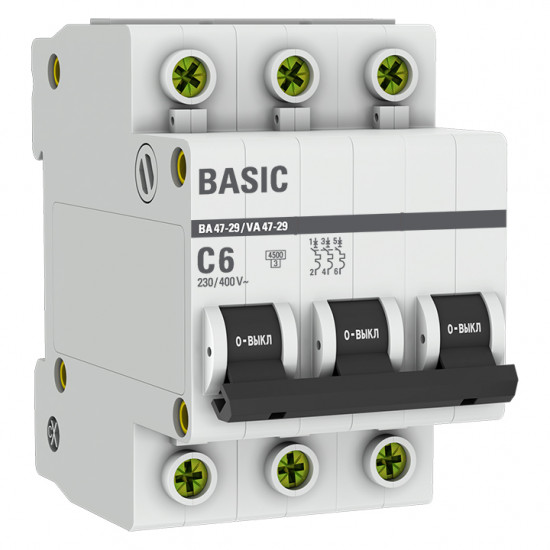 Автоматический выключатель 3P 6А (C) 4,5кА ВА 47-29 EKF Basic mcb4729-3-06C